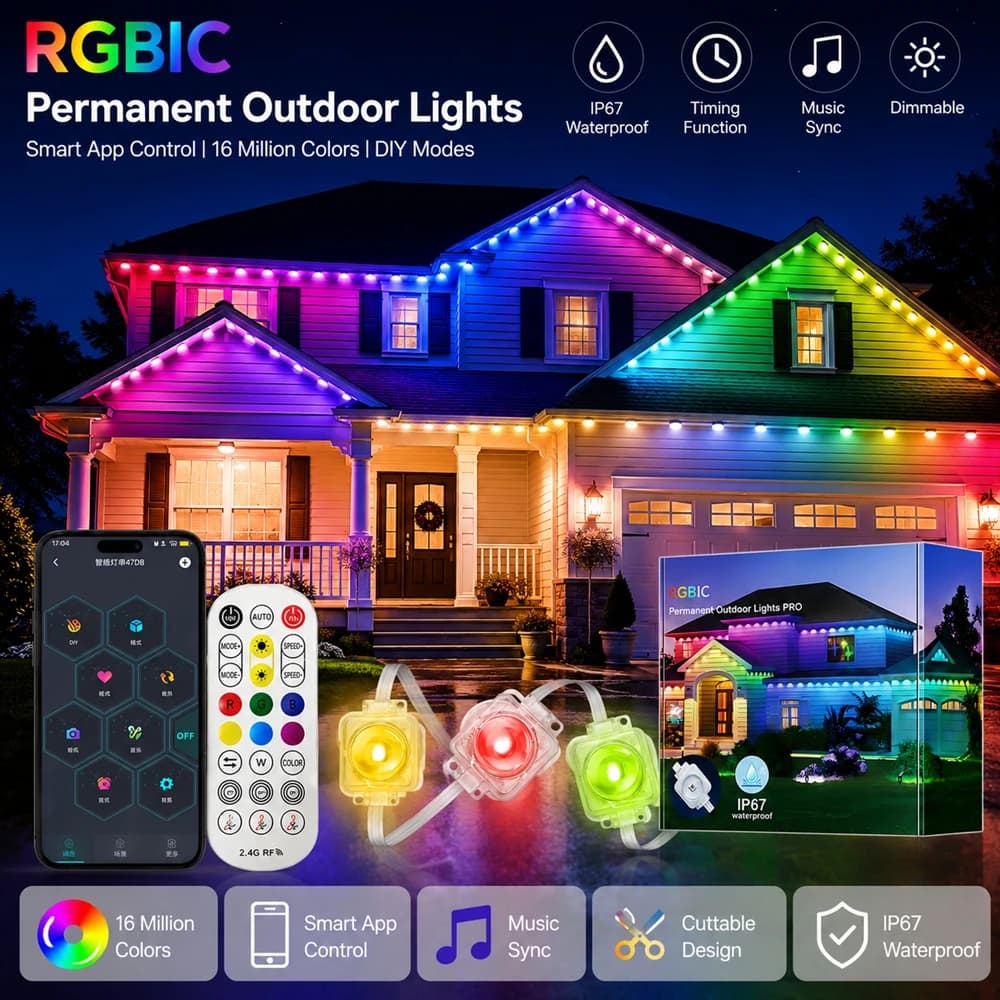 300FT RGB Smart Permanent Outdoor Eaves Lights APP Remote Control LED Roofline String Lights for Home Holiday Christmas Decor