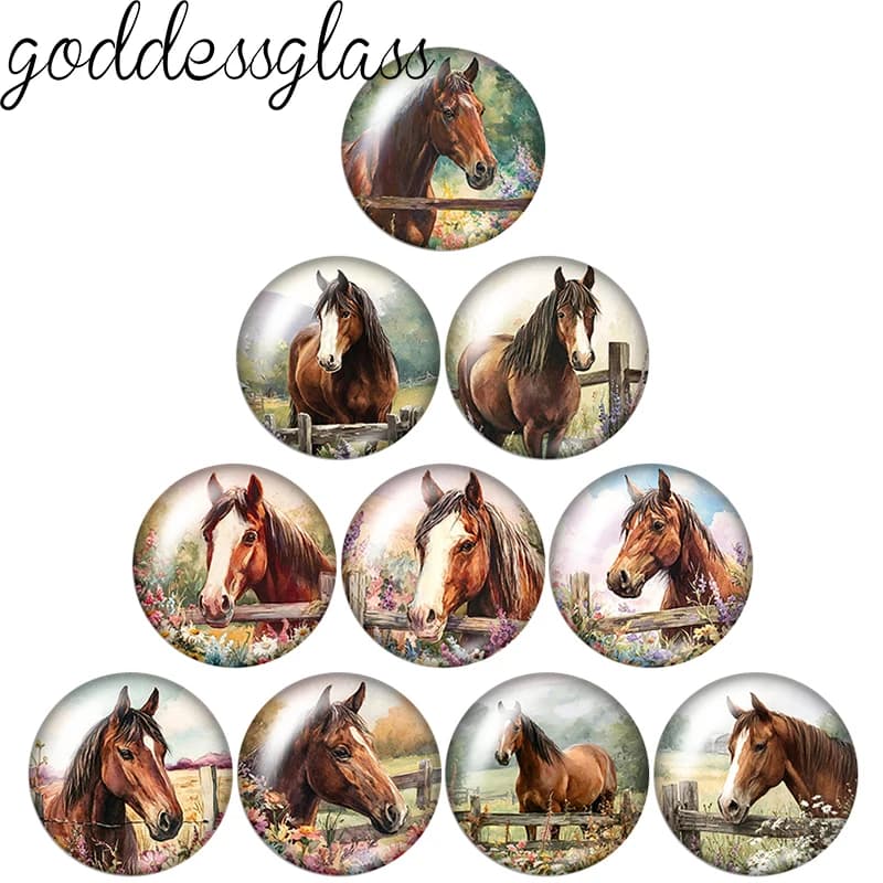 Pastel painting style Horse Free docile animals 12mm/18mm/20mm/25mm Round photo glass cabochon flat back Making findings Jewelry