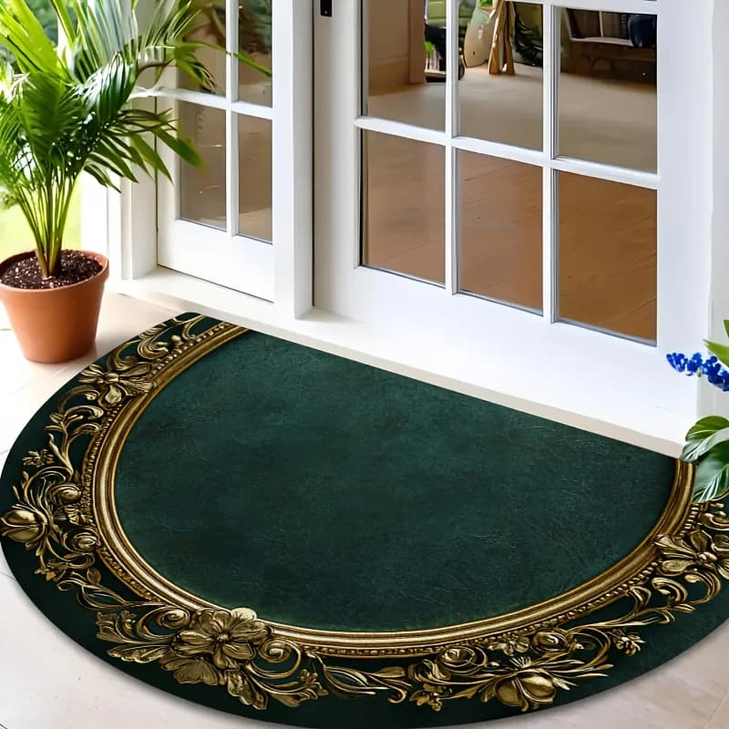 1 Deluxe semicircular entrance carpet with beautiful golden edge, dark green, padded, anti-slip, durable, dirty collection, for interior
