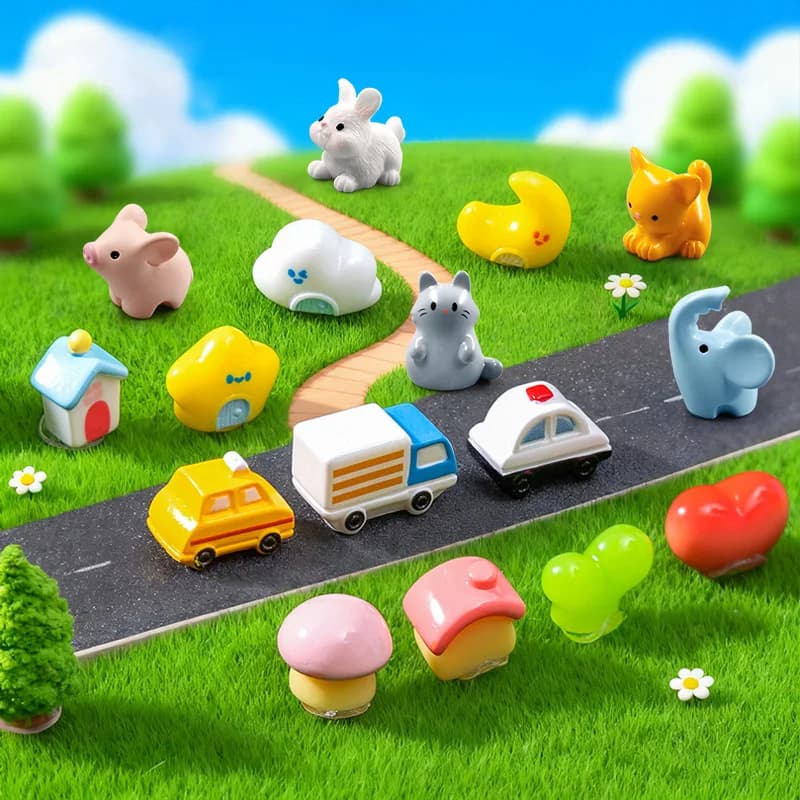 10 Pezzi Statuette Miniatura a Tema Stella, Luna, Auto, Casa, Coniglio Pasquale, Maiale, Gatto per Paesaggi, Case delle Bambole e Giardini delle Fate - Accessori Decorativi