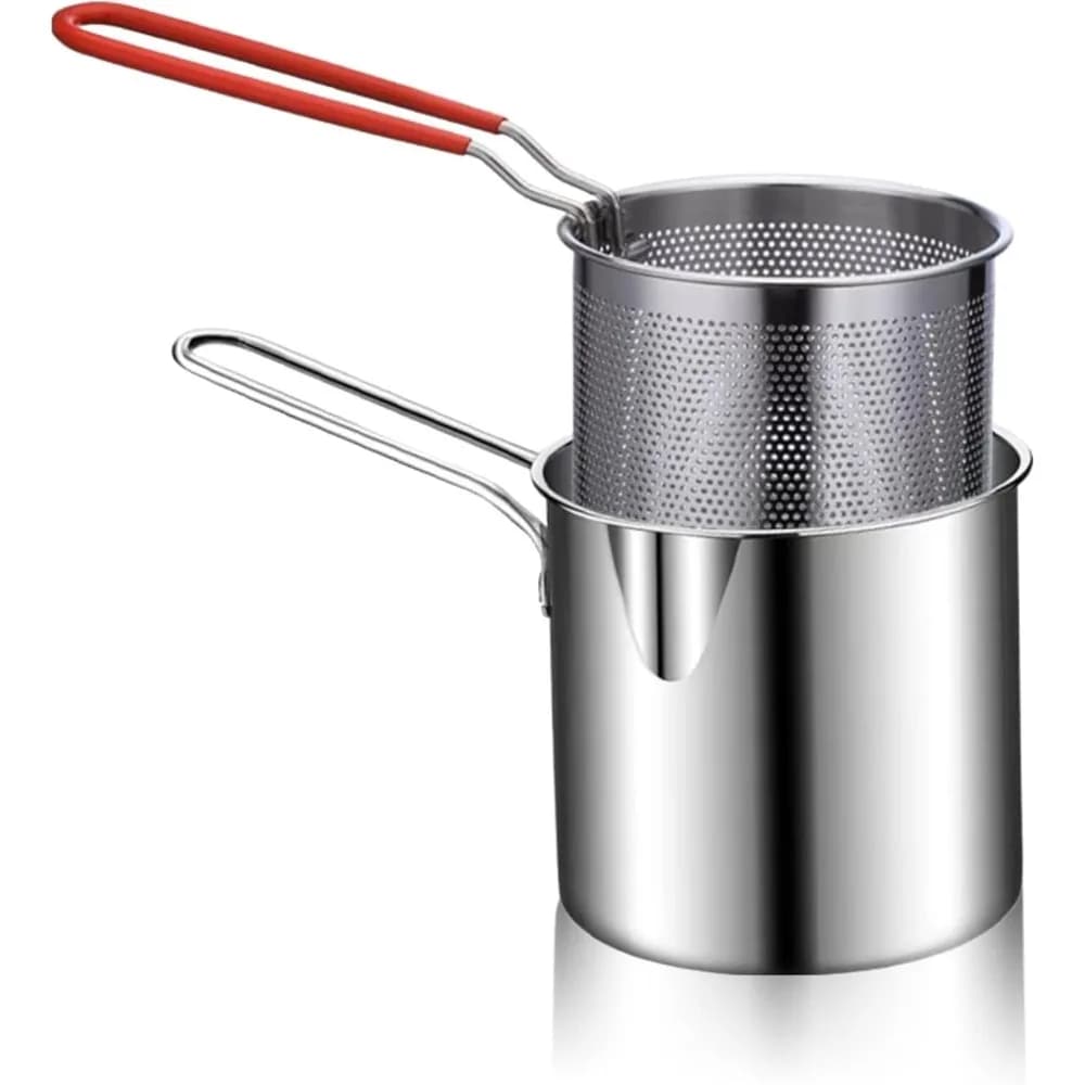 Small frying pan with basket, mini deep oil fryer, 304 stainless steel gadget with anti-coating silicone handle