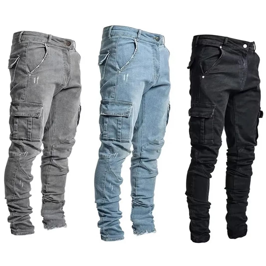 Jeans casual da uomo a matita Pantaloni multitasche elastici da uomo piccoli e sottili da strada Jeans cargo a vita media in tinta unita lavati