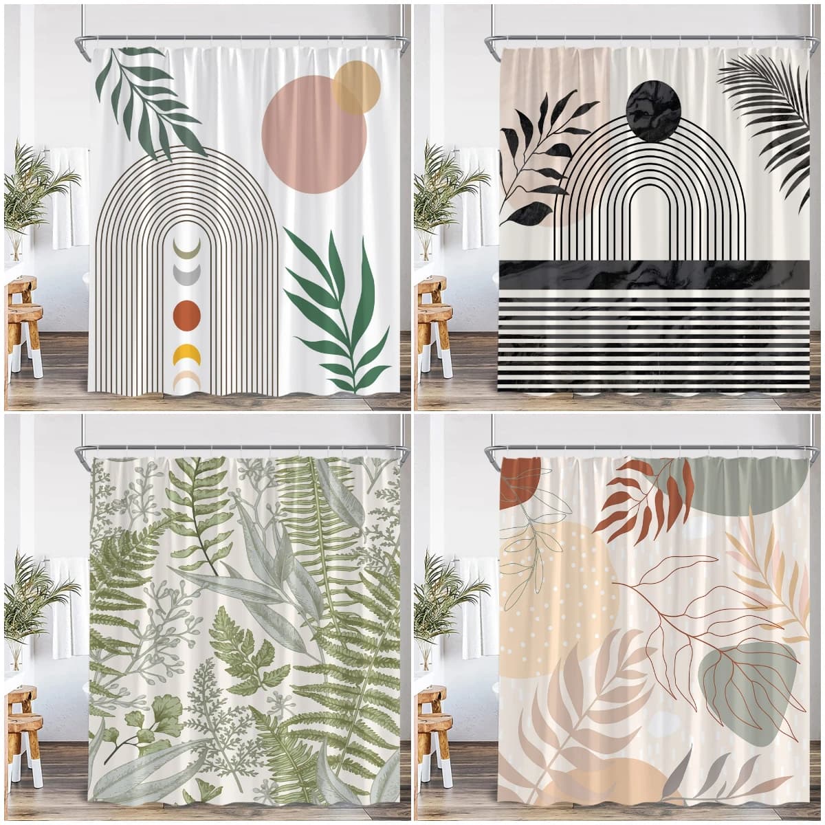 Abstract Shower Curtain Mid-Century Tropical Leaves Greenery Plants Modern Bathroom Decorations Polyester Fabric Bathtub Curtain