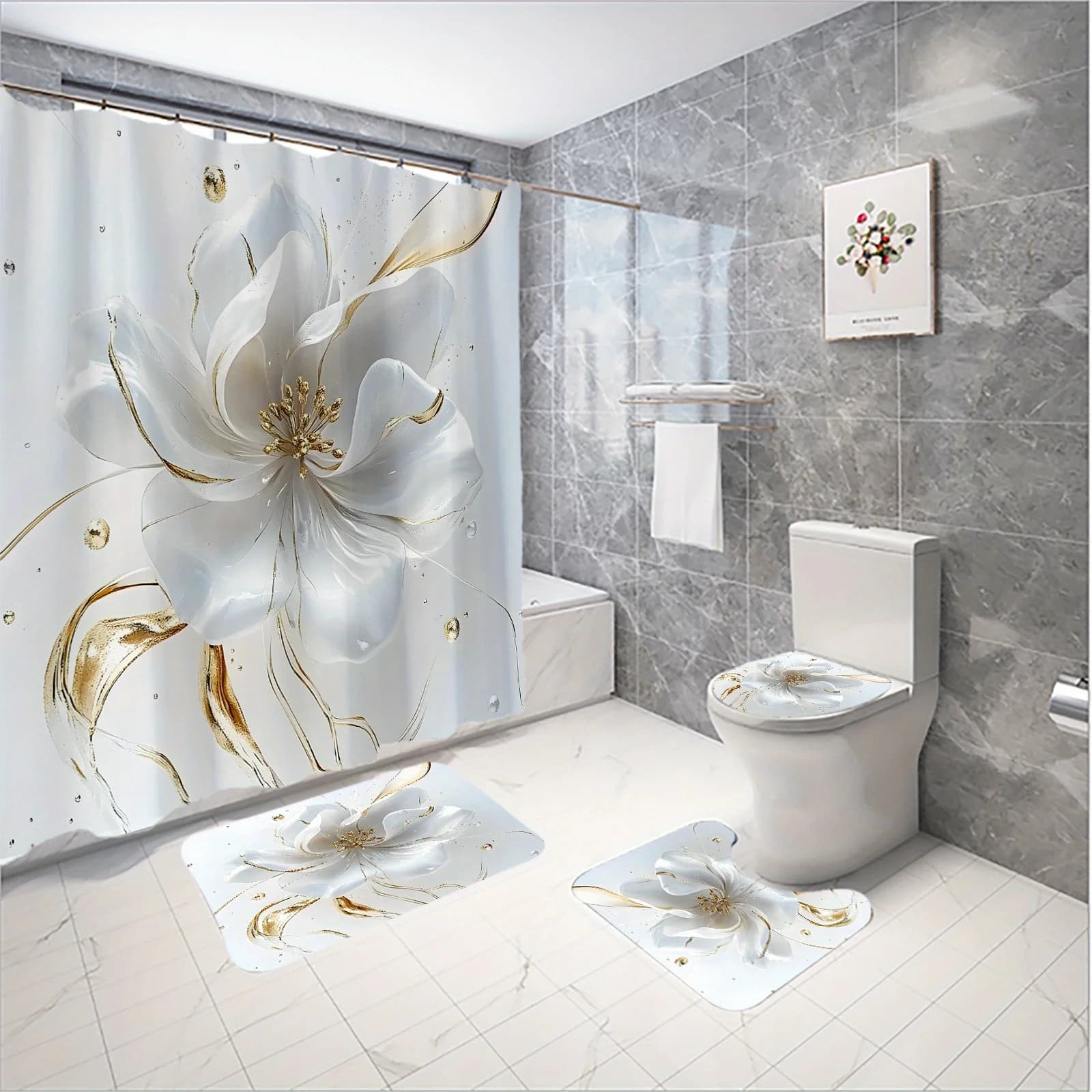 Elegante set da bagno Lily: tenda da doccia, tappetino, asciugamano, copriwater - 4 pezzi di decorazioni impermeabili per un lussuoso tempo di bagno