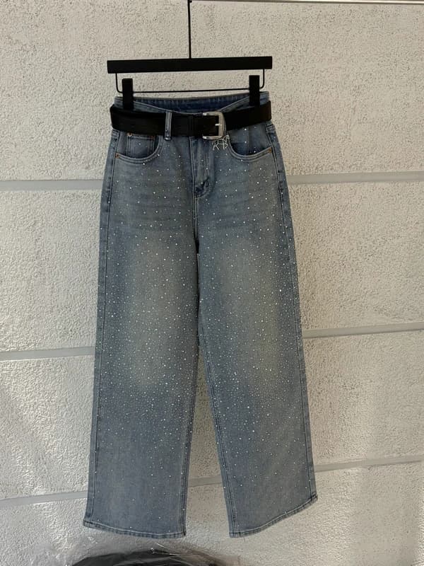 Jeans Eleganti a Gamba Dritta da Donna, Pantaloni Casual Primavera 2026, Design Drappeggiato con Cintura Decorata con Diamanti Scintillanti