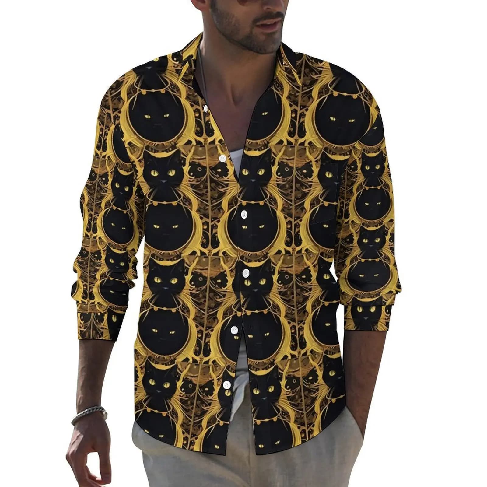 Tarocchi Card Print camicie Casual uomo Retro Black Cat Shirt manica lunga Vintage Y2K camicette primavera vestiti personalizzati 3XL 4XL