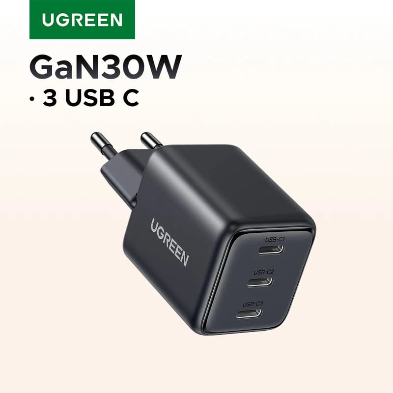 Caricatore GaN UGREEN 30W PD 3.0 UFSC PPS con 3 Porte USB-C per iPhone 17 16 15 Pro Max, Samsung S25, Xiaomi, Tablet, iPad Air Pro
