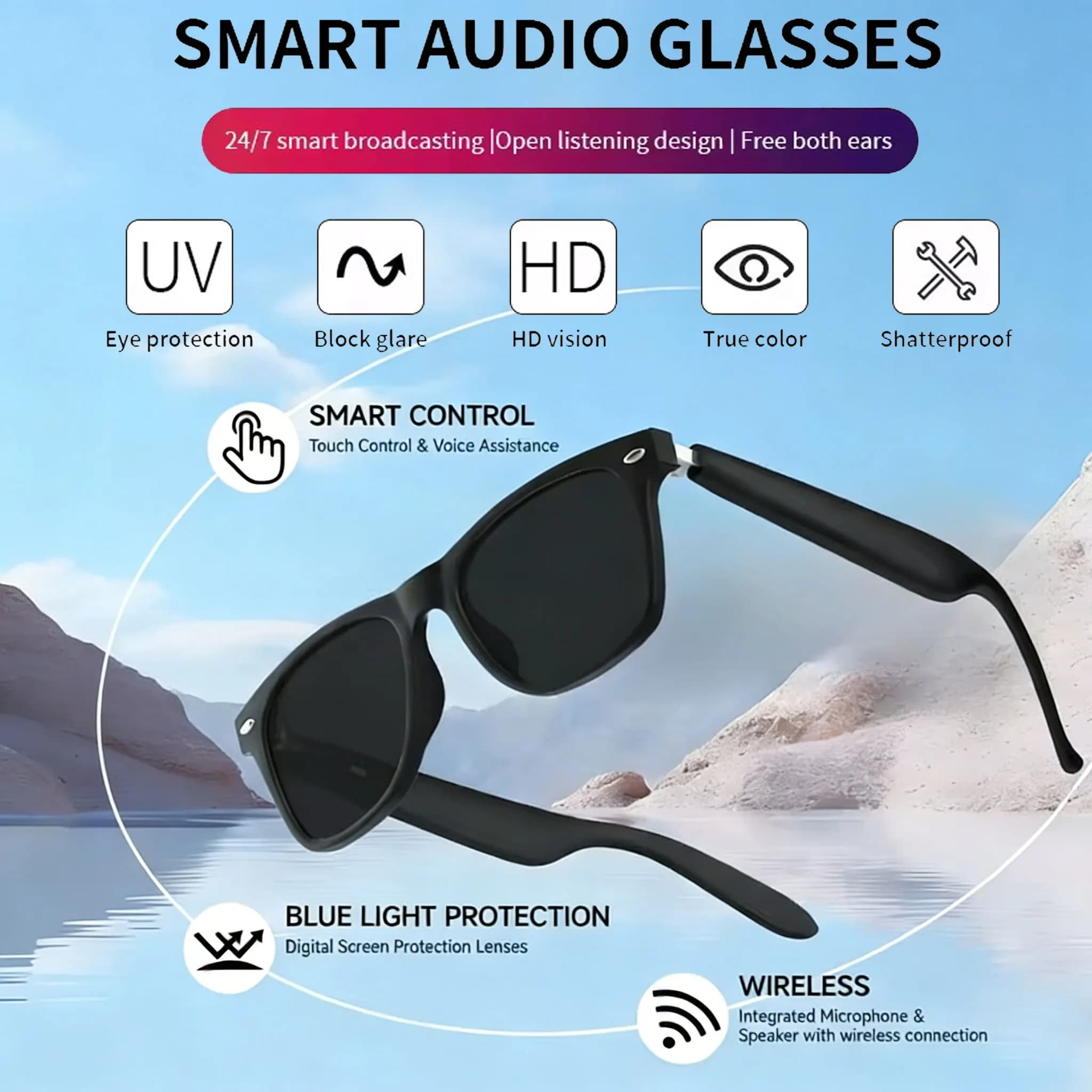 New Smart Glasses with Bluetooth Call, Multifunction Sun Glasses Blue Light, Wireless Headphones for Men and Women
