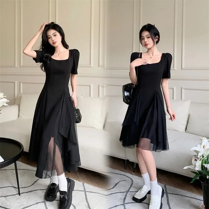 Summer Vintage Women's Long Skirt Hepburn Style Mesh Uneven Belly Covering Midi Dress Polyester Cotton A-Line Skirt