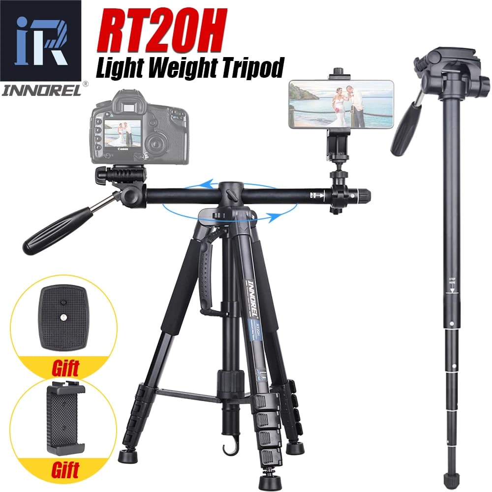 Treppiede professionale in alluminio da viaggio leggero INNOREL RT20H con supporto orizzontale 3 in 1 con testa regolabile per telefono con fotocamera