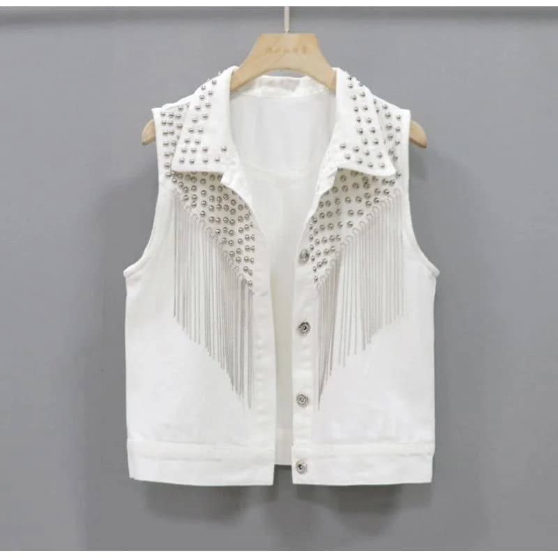 2024 nuove donne senza maniche cappotto corto di jeans femminile monopetto nero bianco rivetto nappa gilet di jeans senza maniche gilet giacca