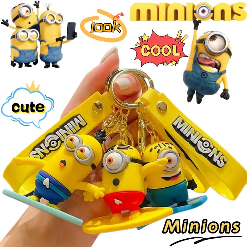 Portachiavi Minions Despicable Me Kevin Dave Stuart, Ciondolo Decorativo per Zaino a Forma di Skateboard, Bambola Cartoon ad Alto Valore Cromatico