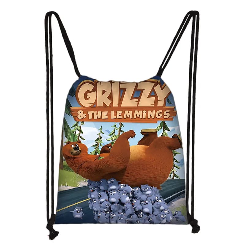 Cordoncino stampato per bambini per cartoni animati Grizzy Lemmings Borsa per la spesa Uomo Donna Calcio Sport Palestra Zaino per yoga