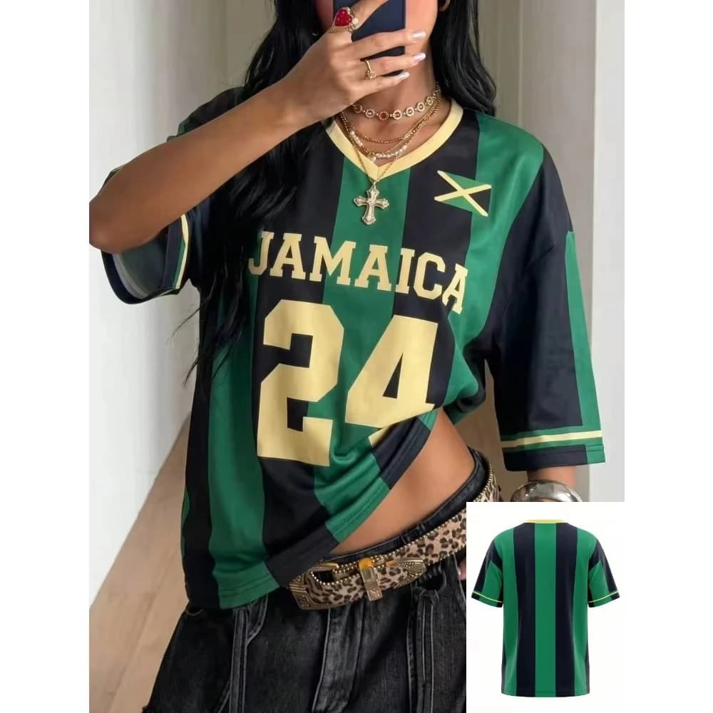 2026 Green Black Womens Jersey Striped TShirts Summer Casual JAMAICA Style 3D Print Short Sleeve Tops Tee Streetwear