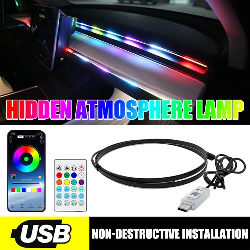 Luce ambientale a LED per auto 64 strisce acriliche a colori 110 cm Colori completi RGB Interni auto App nascosta Lampada per atmosfera con telecomando
