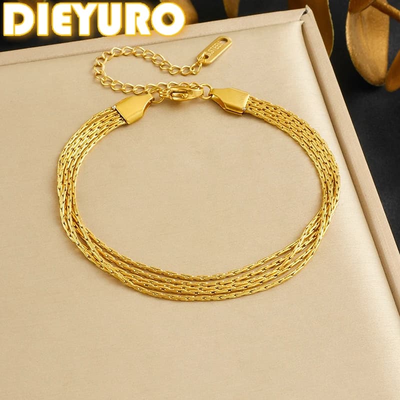 DIEYURO Bracciale classico a catena sottile multistrato dorato in acciaio inossidabile 316L da donna Gioielli con catena da polso impermeabile di nuova moda
