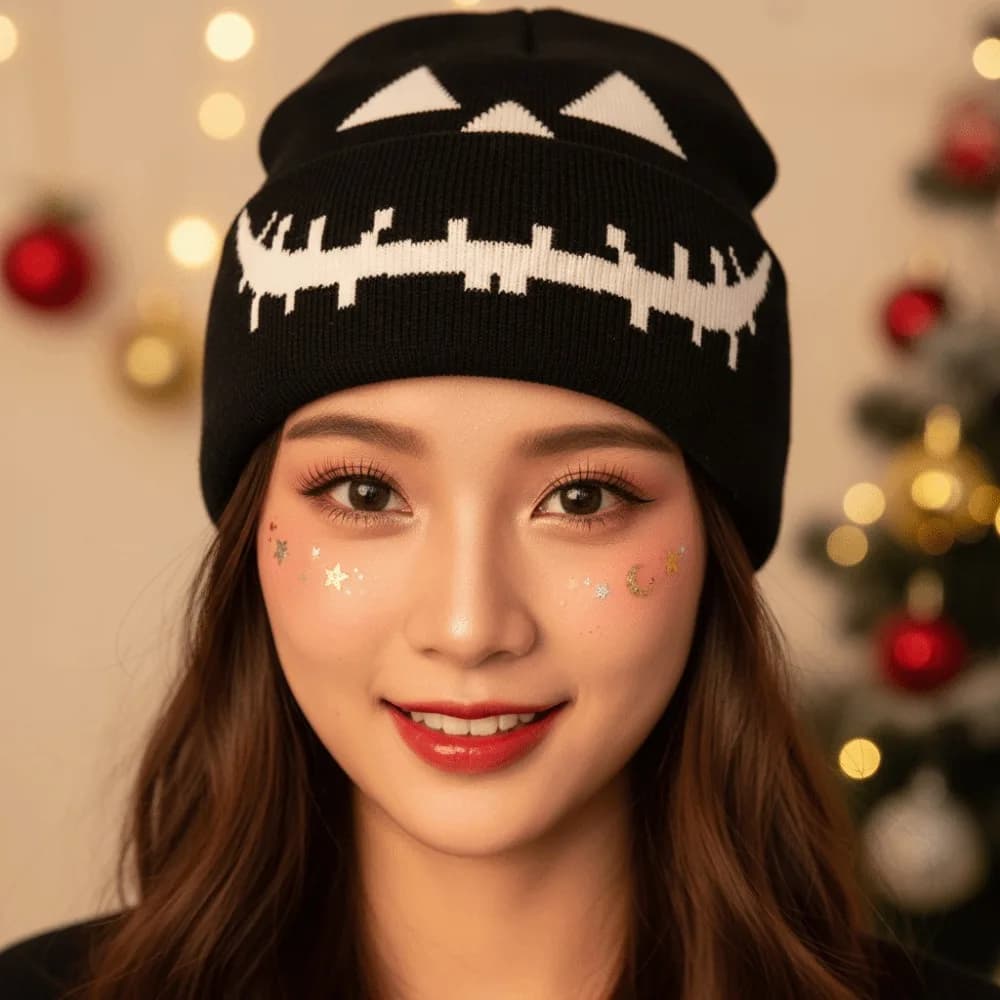 Knitted Fabric Pumpkin Beanie Hat Soft Texture Pumpkin Orange Halloween Knitted Cap Breathable Cuffed Brim Hip Hop Skullcap