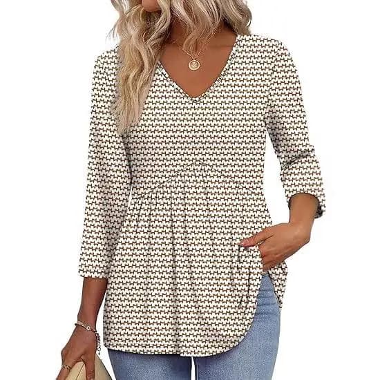 Long Sleeve V-Neck Women's Shirt Doll Top Clothing Geometric Print Sportswear for Young Ladies Winter Collection