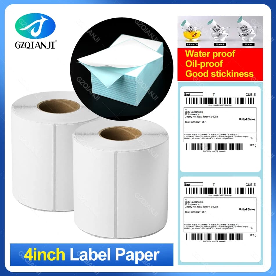 Etichette termiche da 4 pollici Adesivo di carta Spedizione Codice a barre Rotolo adesivo Bianco 100 * 100mm 100 * 150mm Supporto per stampante per etichette