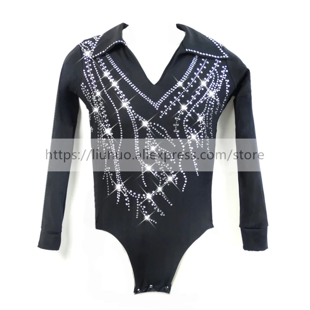 LIUHUO Pattinaggio di Figura Top Uomo Ragazzi Prestazioni sul Ghiaccio Costume Concorso Body a Maniche Lunghe Nero Lucido Strass Danza Bambini