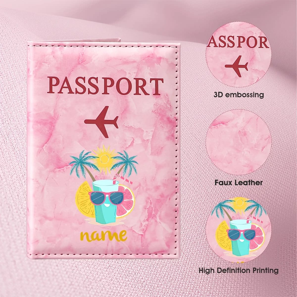 Custom Name Summer Tropical Style Illustration Design PU Passport Holder, Featuring Elements Like Palm Trees, Sunshine, Drinks