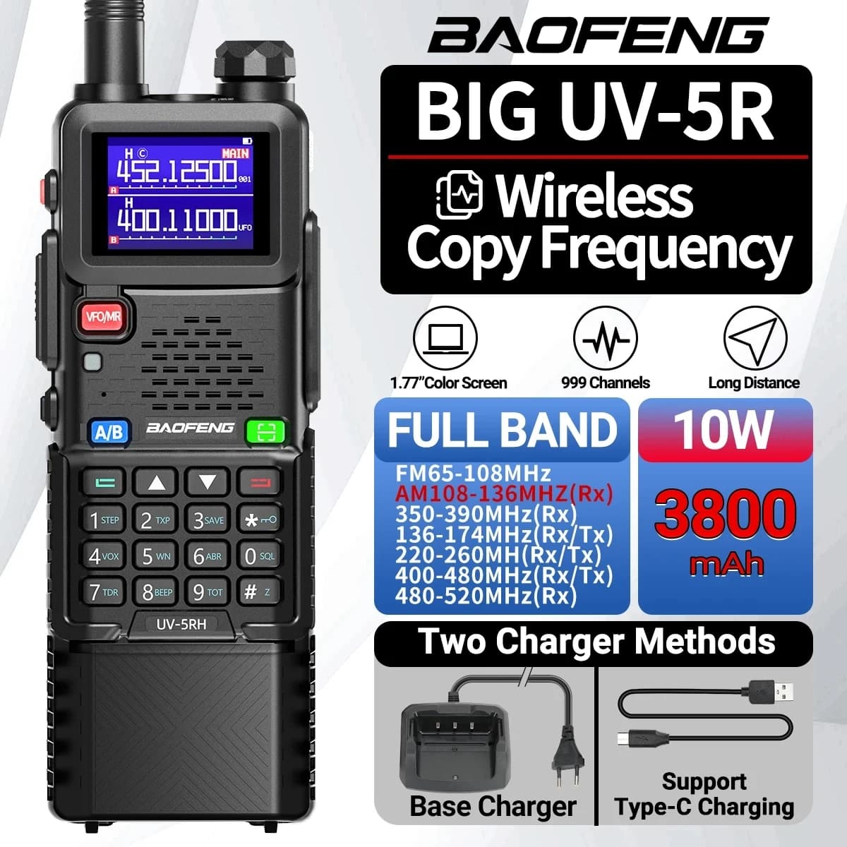 Baofeng UV-5RH Air Band Walkie Talkie 3800mAh 10w Frequenza di copia wireless Multi Band AM Type-C per radioamatori a lungo raggio UV-5R