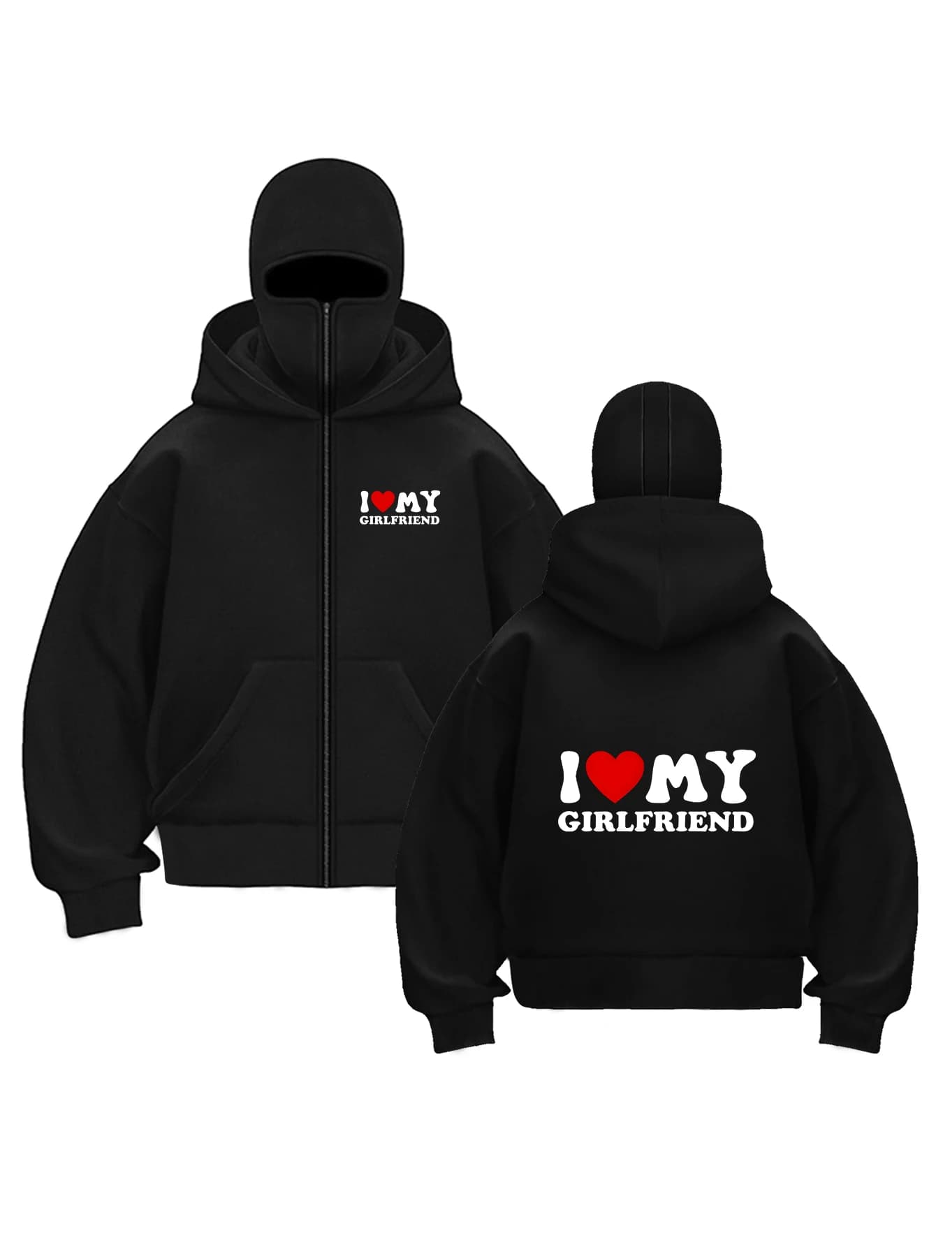 Felpa con Cappuccio Balaclava da Uomo con Stampa 'I Love My Girlfriend' e Cuore, Oversize, Streetwear per Coppie