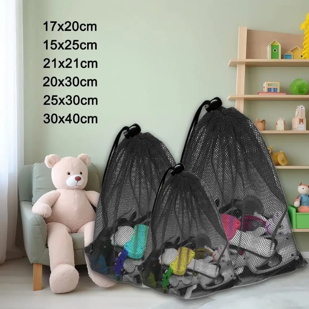Portable Multi Purpose Drawstring Storage Pouch Bag Black Breathable Laundry Bag Nylon Mesh Pouch