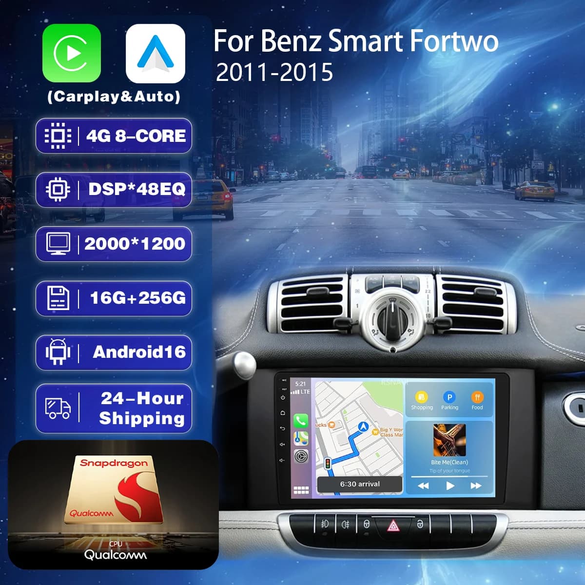 Autoradio multimediale Android 16 Carplay Auto con schermo 2K per Mercedes Benz Smart Fortwo 2010-2015, BT 4G, spedizione in 24 ore