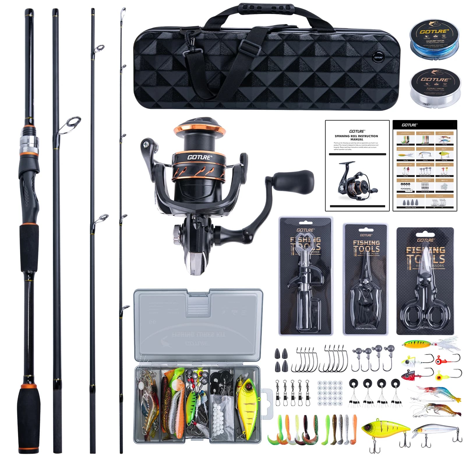 Set Completo da Pesca GOTURE, 4 Pezzi, Canna da Viaggio, Mulinello Spinning con 66 Esche, Custodia Rigida Impermeabile per Acqua Dolce e Salata