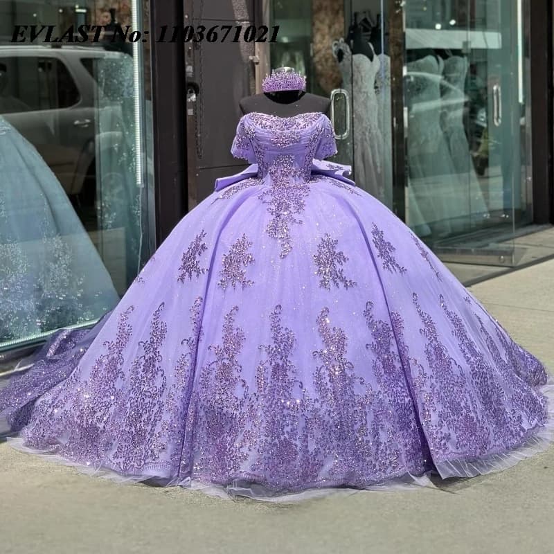 EVLAST Personalizzato Lilla Quinnceanera Abito di Sfera Abito di Pizzo Applique Che Borda Corsetto Messicano Arco Dolce 16 Abiti Da 15 Anos SQ619