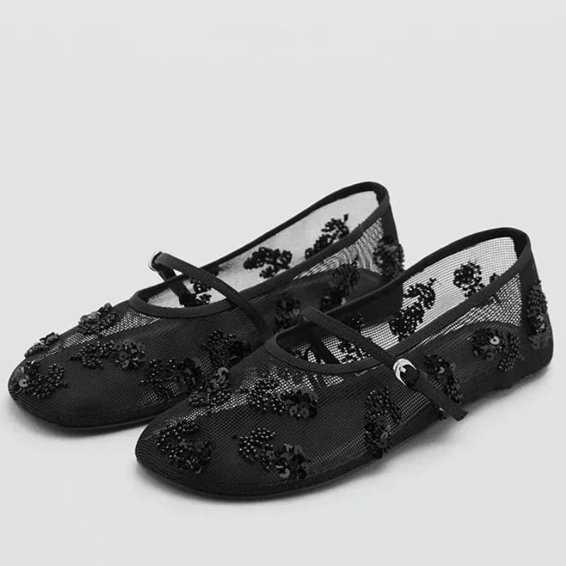 Ballerine da donna di design con perline di lusso, mesh cavo traspirante, comode scarpe Mary Jane femminili leggere e poco profonde con punta tonda