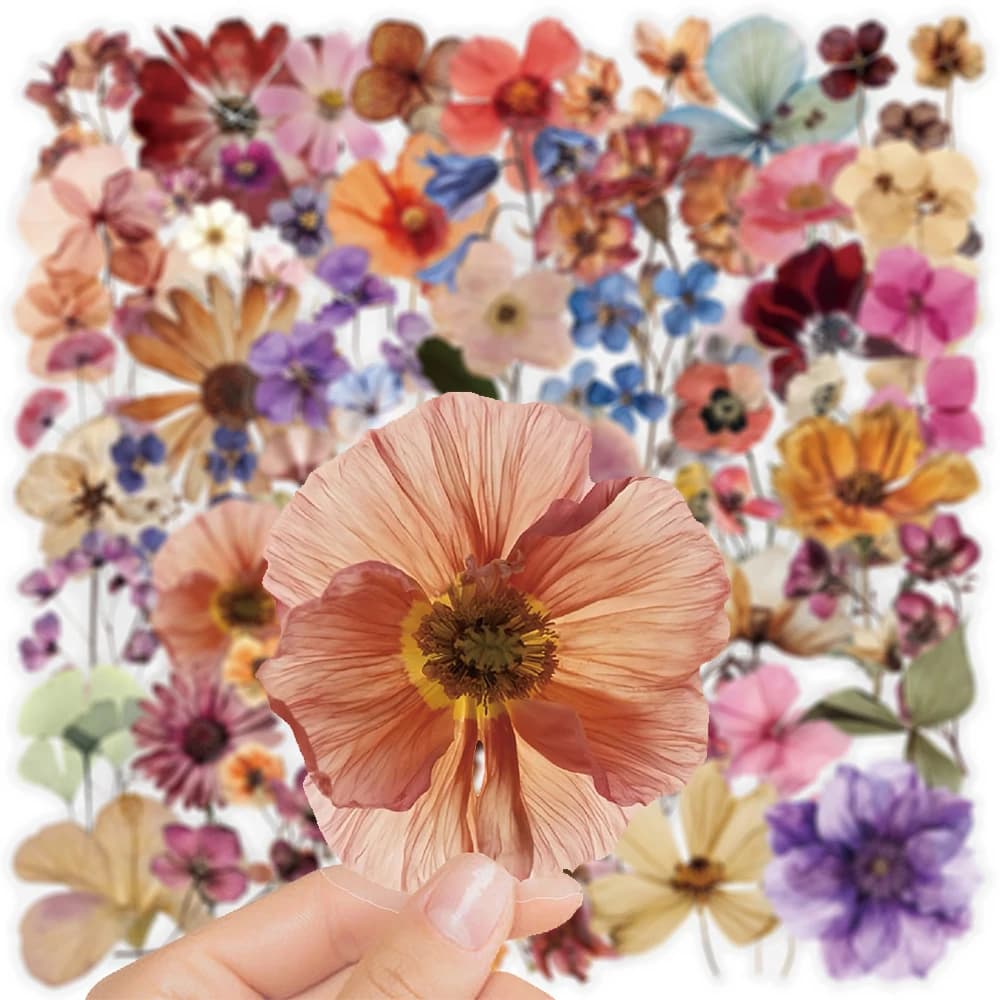 10/30/50pcs Vintage Colorful Flower Stickers Aesthetic DIY Laptop Phone Case Fridge Guitar Cartoon Transparent Sticker Wholesale