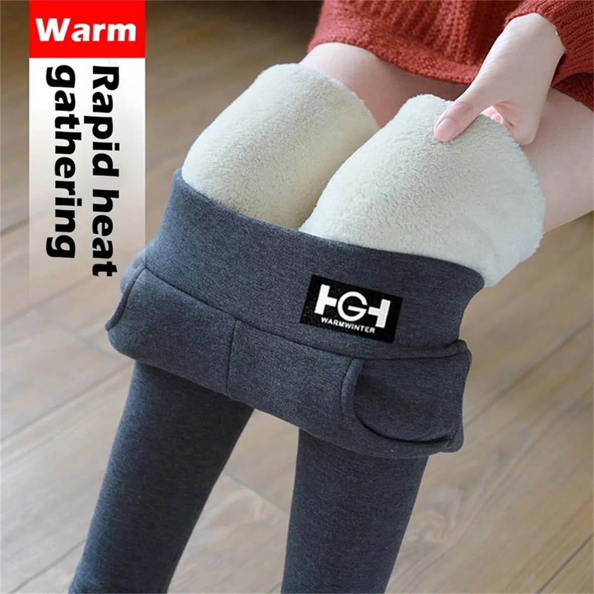 Leggings invernali da donna Leggings caldi solidi Addensare lana d'agnello Vita alta in pile Mantieni il sollevamento del sedere Tasca per pantaloni da passeggio elasticizzati alti