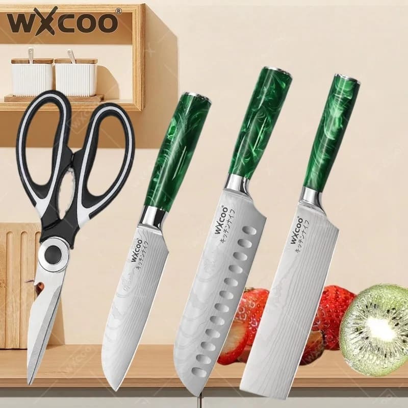 WXCOO Damascus Laser Japanese Knife Boning Cleaver Fruit Slicing Butcher Knife Santoku Stainless Steel Kitchen Scissor