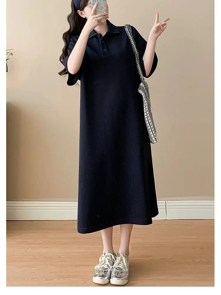 plus Size Summer New Style Embroidered Collar Dress Short Sleeve Long Dress Belly Concealing French Style Straight Cut D...