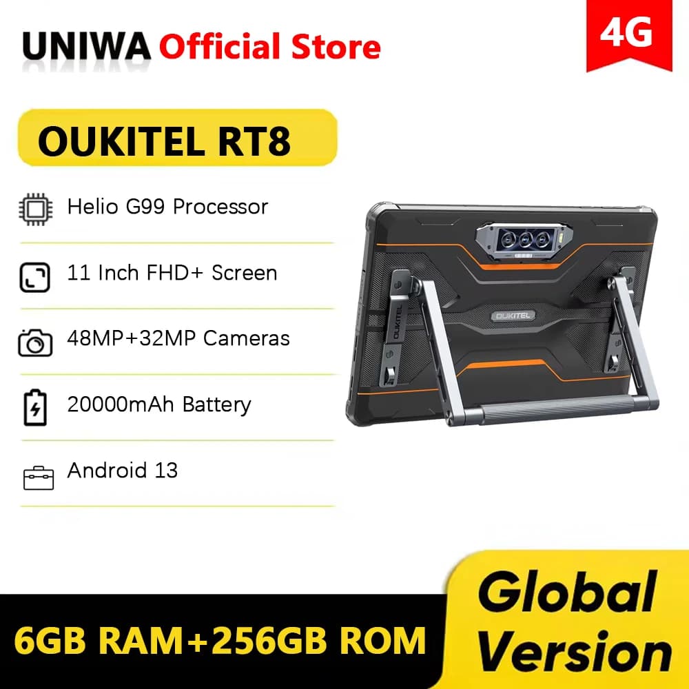 Oukitel RT8 Tablet Rugged 4G 11“ FHD+ 6GB+256GB Helio G99 Smart Pad Fotocamera 48MP Tablet PC Batteria 20000mAh 33W Android 13 NFC