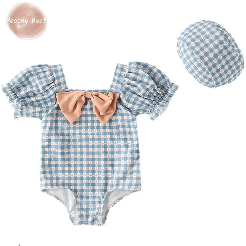 Swimsuit with Scottish Smurf Sleeves for Baby Swimwear for Baby + Cap 2 pieces swimsuit with bow swimsuit summer baby Clothes1- 10Y