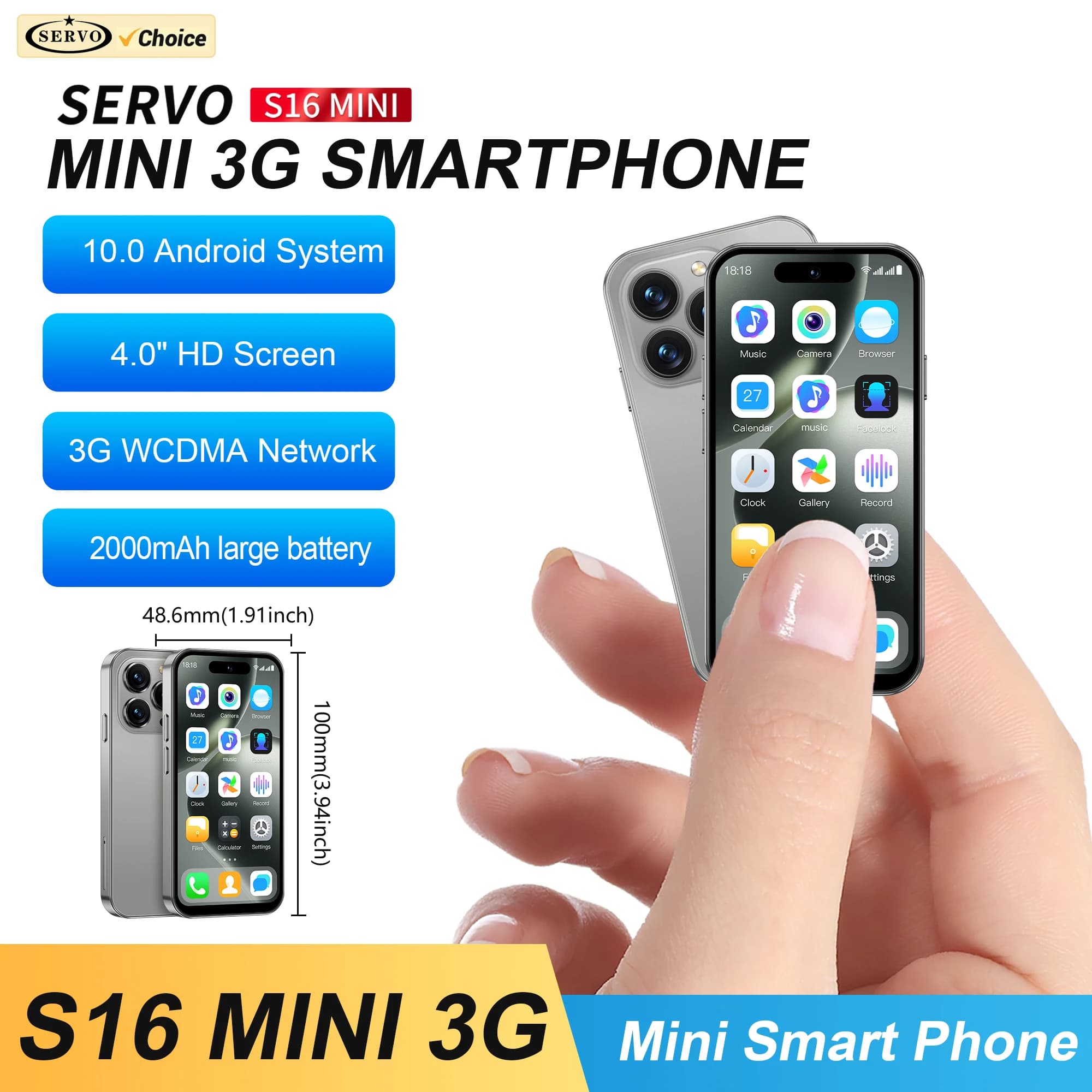 SERVO S16 MINI Card Smartphone 3G WCDMA Android 10.0 OS 2GB + 16GB Play Store WiFi Face Sblocco Schermo da 4.0 "Piccoli smartphone carini