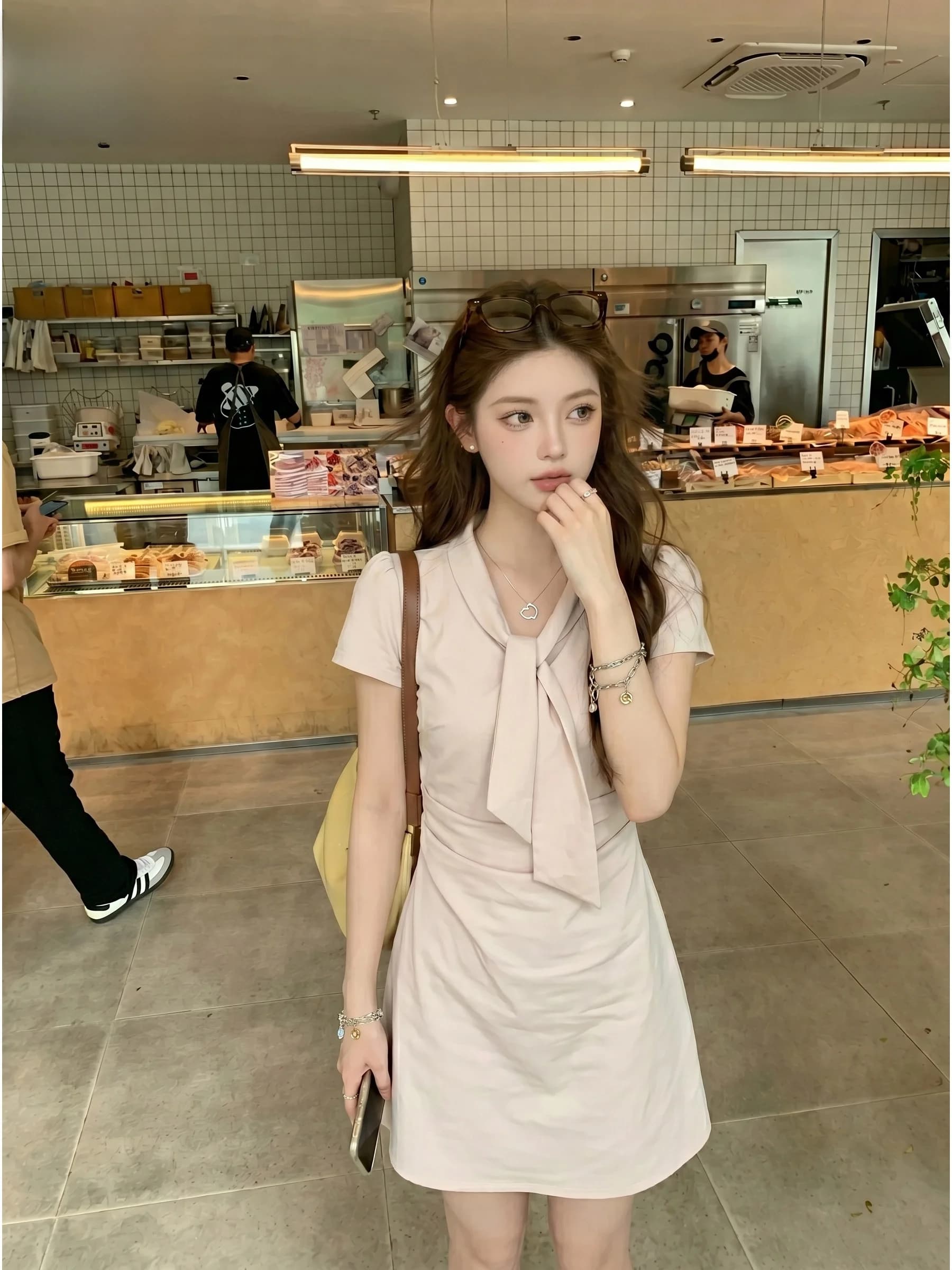 Sweet Pink School Style Belted Dress Women's Short Skirt Summer Pleated Waist Cinching Casual Style Button Closure Slimming