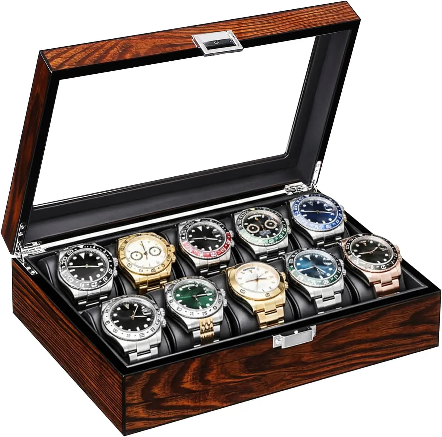 Wooden Watch Box 10-Slot with Glass Lid, Watch Organizer for Men with Removable Pillows, Synthetic Leather Interior Storage for