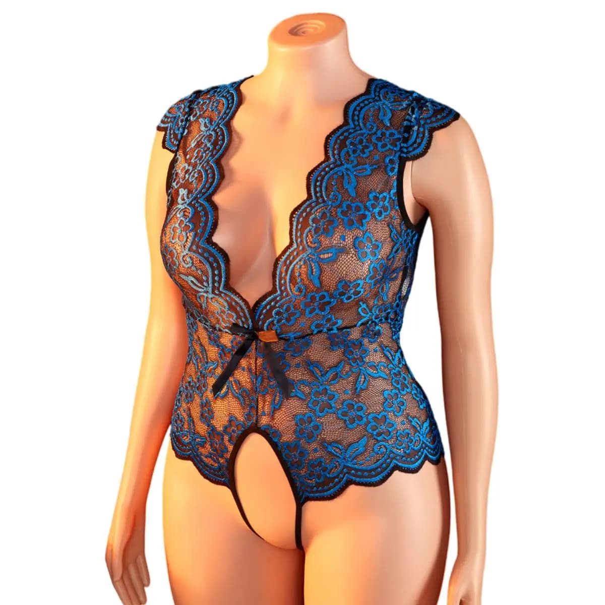 Plus Size Summer Blue Sheer Lace Babydoll Bodysuit Half Sleeve Hollow Backless Deep V Erotic Lingerie & Pajamas For Curvy Women