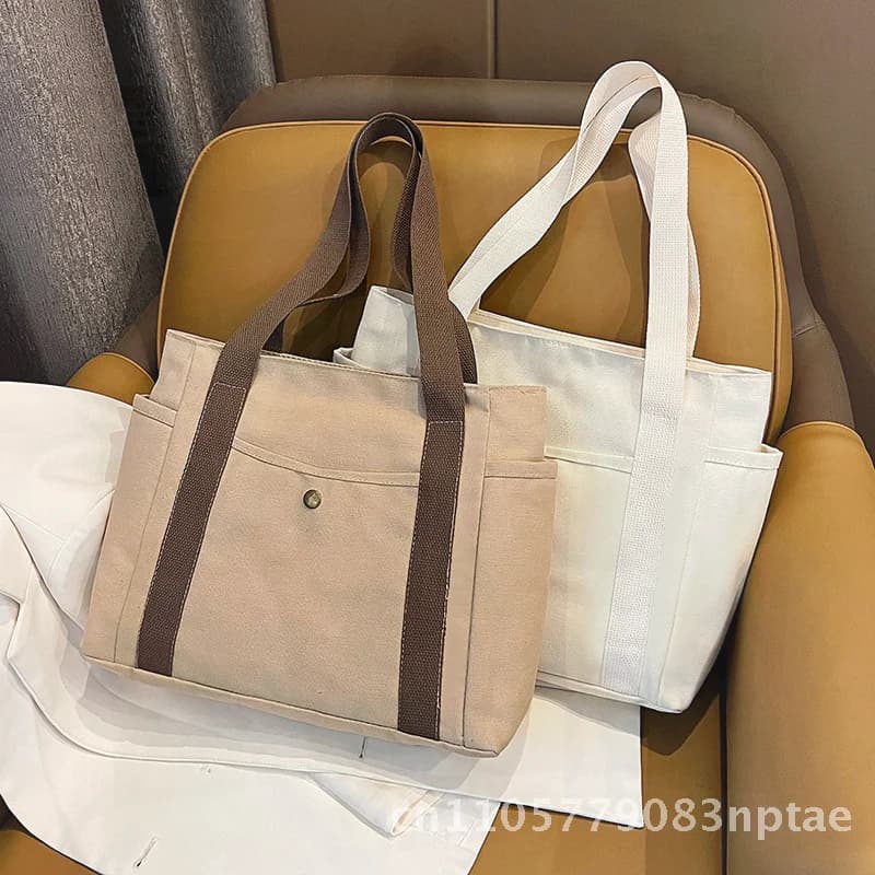 Large Capacity Canvas Shoulder Bag Women's Simple Tote Bag with Multi-Pockets for Middle School Students Commuter Handbag