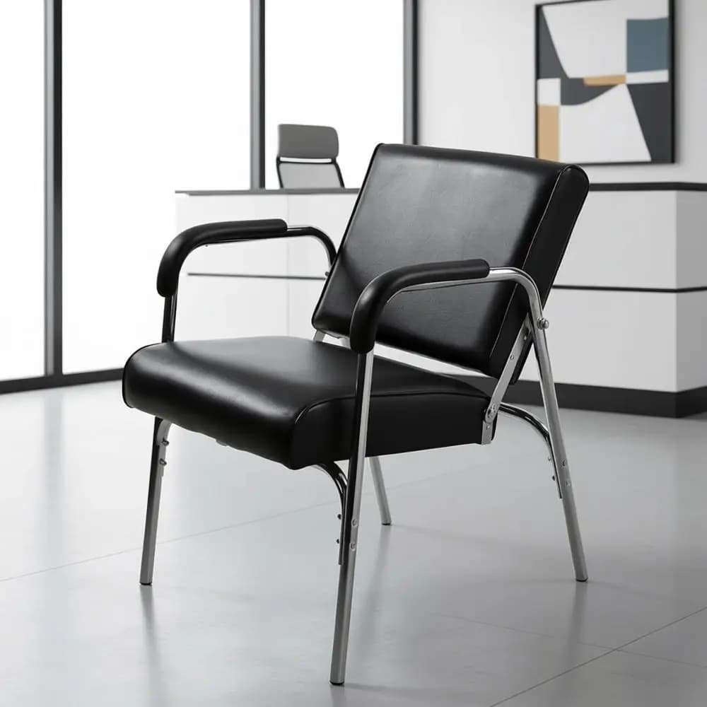 Poltrona Reclinabile Automatica per Lavaggio Capelli con Cuscino Spesso, Braccioli Cromati Robusti, Vinile Nero, Schienale Ergonomico - Sedia Portatile o Lavabo