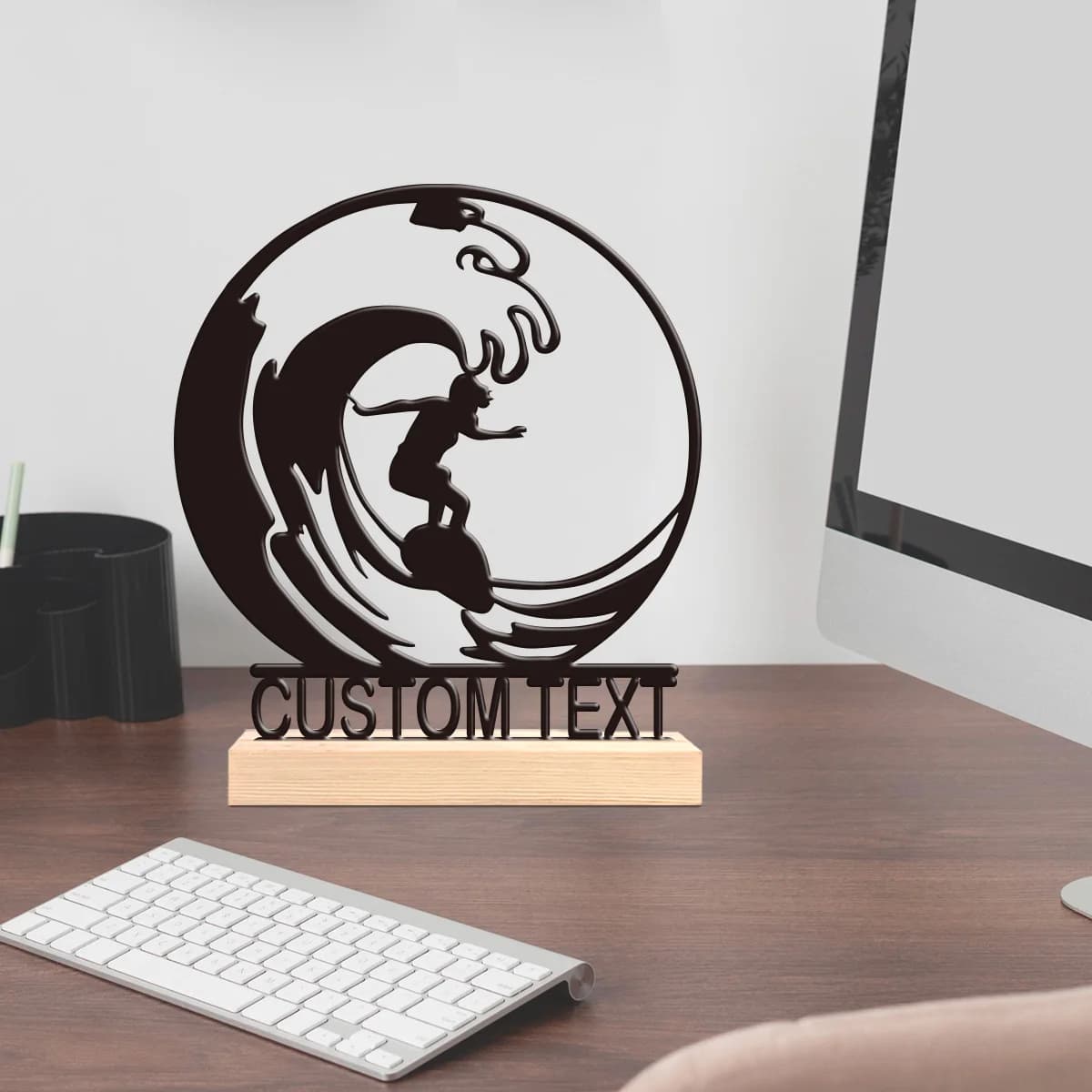 1pc Customizable Wrought Iron Desktop Decoration Custom Name With Wooden Base Decorative Gifts, Metal Statue Ornaments