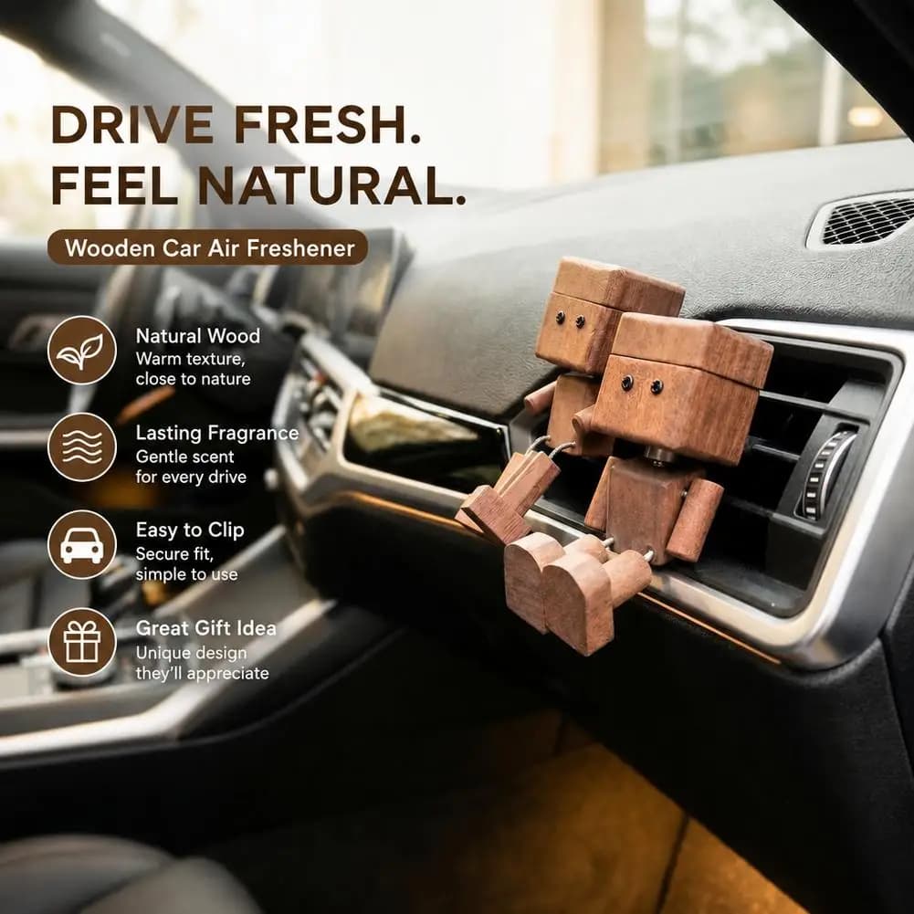 Wooden Robot Car Air Freshener Vent Clip Diffuser Aromatherapy Walnut Figurine Cute Shake Head Auto Interior Desk Decor Gifts