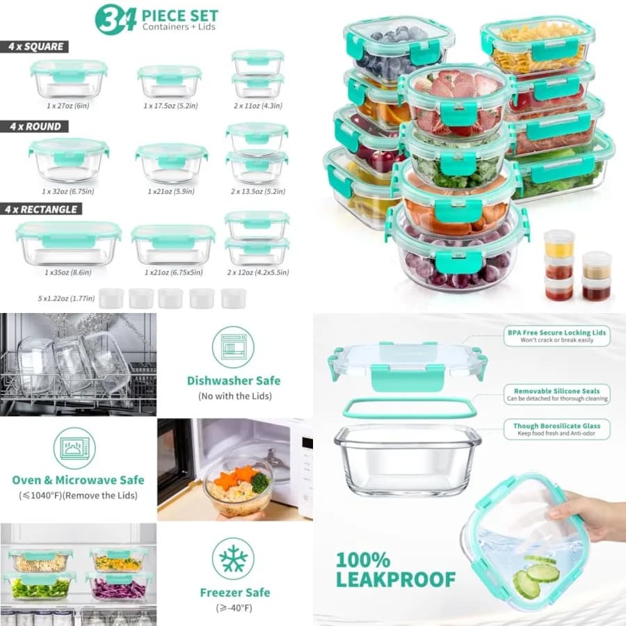 Set di 34 Contenitori in Vetro per Alimenti con Coperchi, Contenitori Ermetici in Vetro per Preparazione Pasti, 17 Contenitori 17 Coperchi, Contenitori per Pranzo a Prova di Perdite