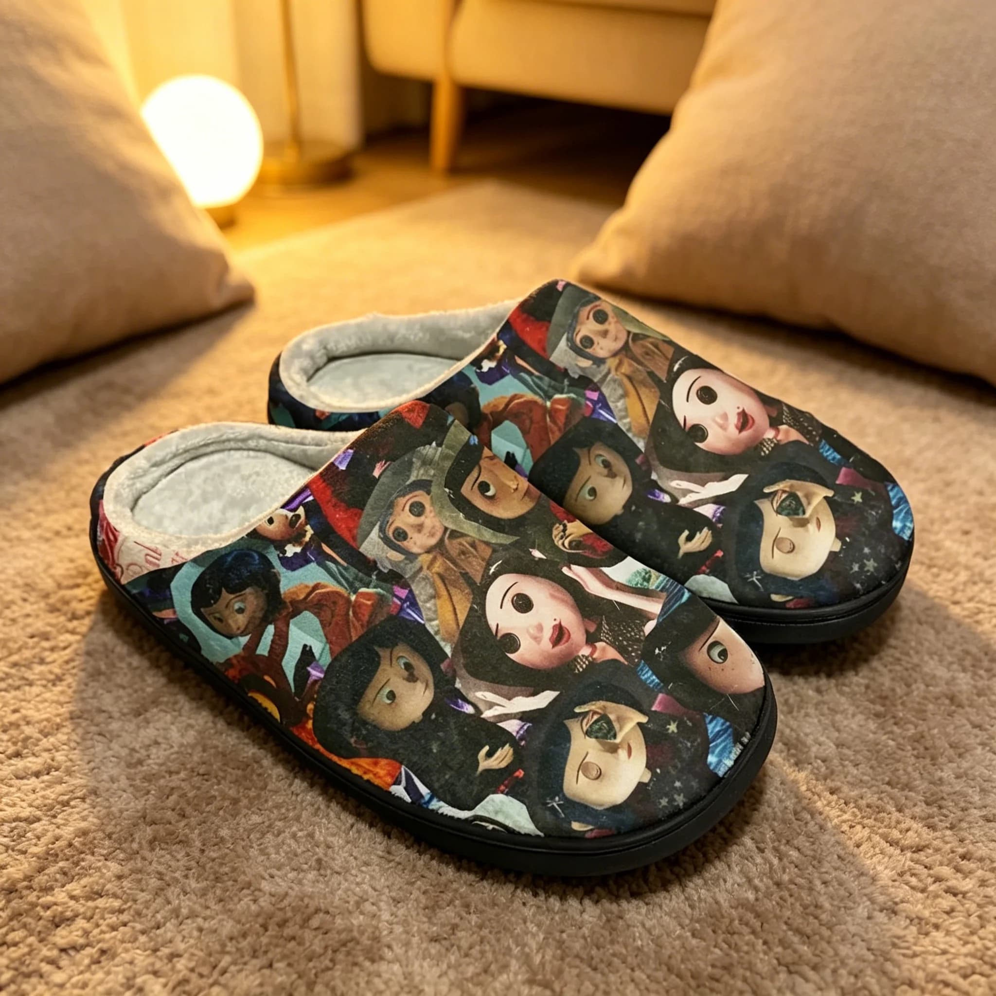 Pantofole in cotone con stampa all-over del film Coraline, unisex, calde, in peluche, comode, antiscivolo, per casa, interni, per il tempo libero, calzature da strada