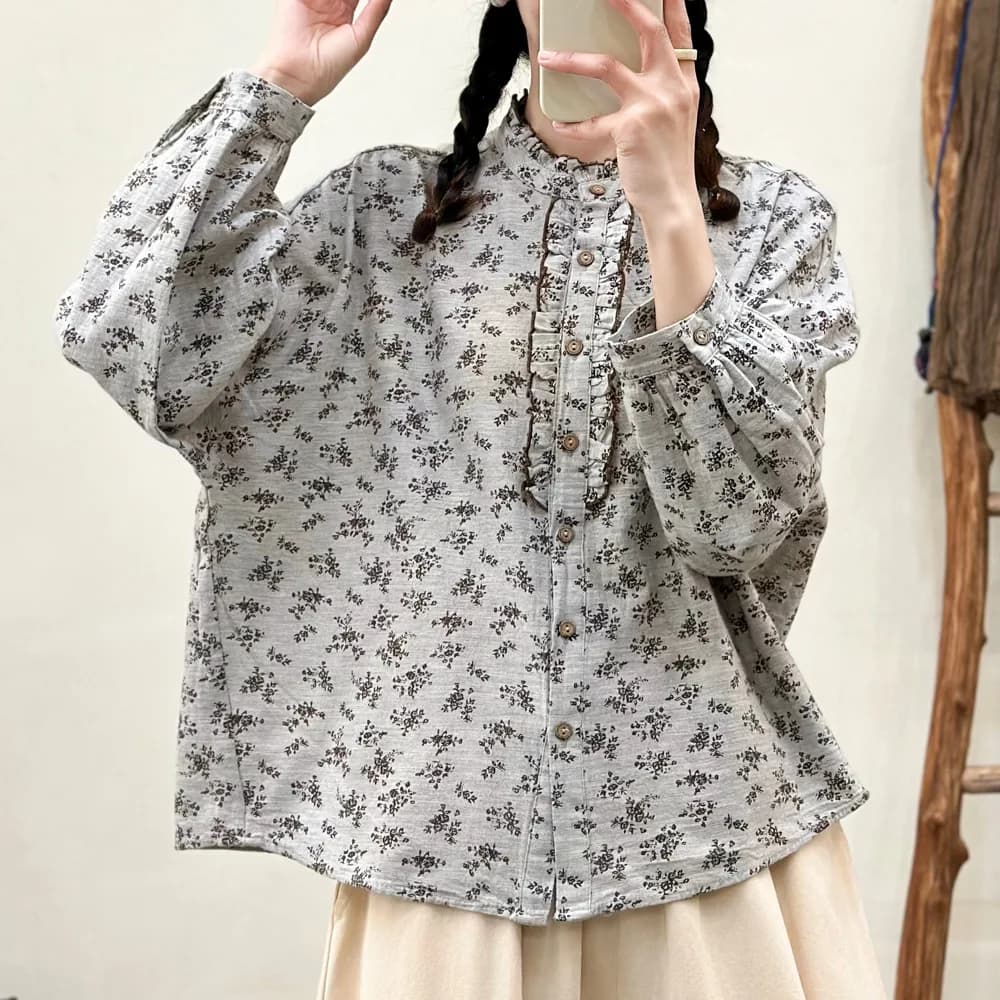 Camicie Giapponesi Vintage in Cotone con Stampa Floreale Stile Mori Girl, Nuova Collezione Primaverile da Donna, Colletto Alto, Maniche Lunghe, Blusa Casual e Comoda