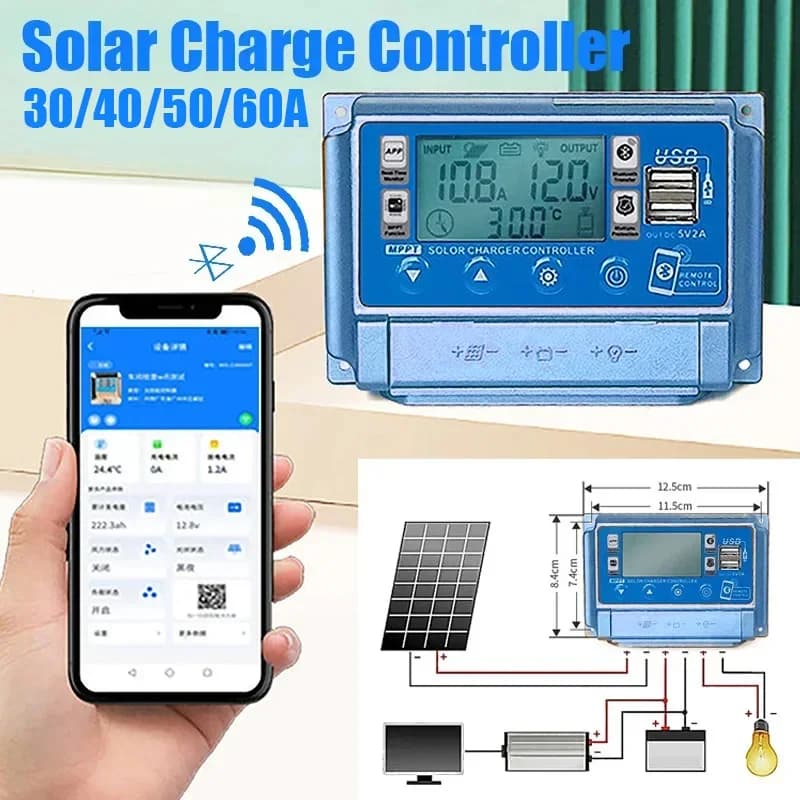 30A/40A/50A/60A Controller del pannello solare bluetooth 2 USB Display digitale Schermo LCD MPPT Pannelli solari Regolatore di carica della batteria